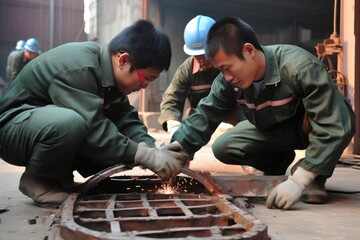 Quality Inspection: Inspectors checking the quality of welded joints and components. - obrazy, fototapety, plakaty