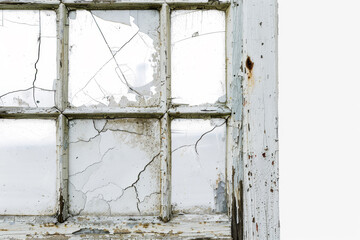 A close-up of an old window, its weathered frame and cracked glass standing out starkly against a pure white background