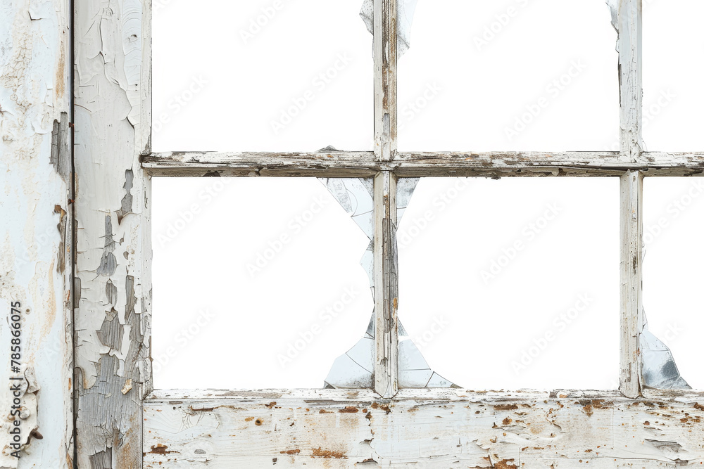 Poster a detailed view of an old window with peeling paint and a broken pane, isolated against a stark whit