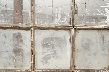 A detailed view of an old window, its worn wood and faded glass contrasting sharply with the clean white background