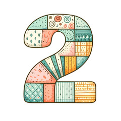 The number 2 is made up of many different shapes and colors. It looks like a patchwork quilt or a collage