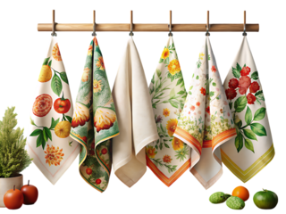 Different kitchen towels hanging on hook rack