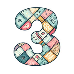 The number 3 is made up of different colored squares. It looks like a patchwork quilt