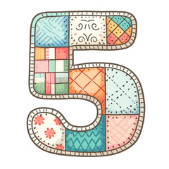 A colorful patchwork number 5. The number is made up of different colored squares and is drawn in a whimsical style