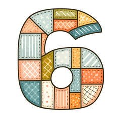 The number 6 is made up of many different pieces of fabric. The fabric is colorful and has a patchwork design. The overall effect is a fun