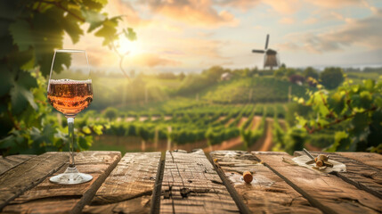 A glass of wine is on a wooden table in front of a beautiful vineyard