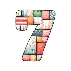 A colorful patchwork number 7. The number is made up of different colored squares and is very colorful