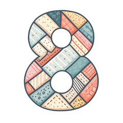 The number 8 is made up of many different colors and shapes. It looks like a patchwork quilt or a collage