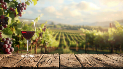 A glass of red wine is on a wooden table in front of a vineyard