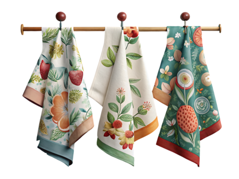 Different kitchen towels hanging on hook rack