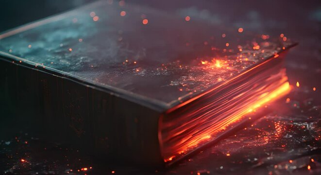 A dark, atmospheric render of a book with glowing pages, awarding literary contributions to science fiction