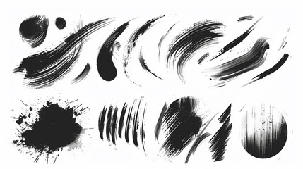 A bundle of black and white paint brushes with various ink brush strokes. ai generated