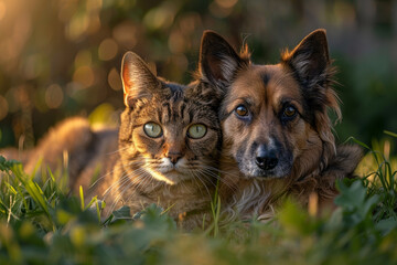 A cat and a dog are laying in the grass together