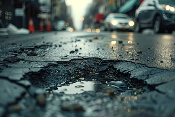 A pothole in the road with water in it - obrazy, fototapety, plakaty