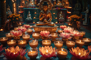 Illuminated shrine adorned with candles symbolizing devotion on Buddha Purnima