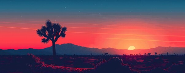 Minimalist desert scene featuring a single Joshua tree silhouetted against the setting sun.