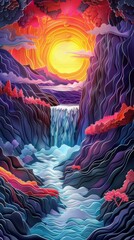 Fototapeta premium Angel Falls Waterfall Waterfalls Sunrise Sunset Landscape Paper Cut Phone Vertical Wallpaper Background Illustration 