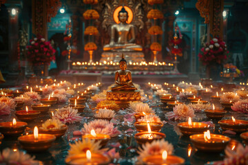 Illuminated shrine adorned with candles symbolizing devotion on Buddha Purnima - obrazy, fototapety, plakaty