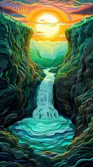 Angel Falls Waterfall Waterfalls Sunrise Sunset Landscape Paper Cut Phone Vertical Wallpaper Background Illustration	
