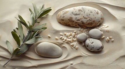 Fototapeta na wymiar Olive branch and zen stones on sandy background. A serene and peaceful image capturing an olive branch beside smooth stones on a textured sandy surface, symbolizing tranquility and nature simplicity