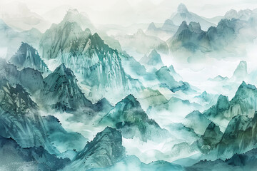 The mountains are covered in a thick layer of mist, creating a serene - obrazy, fototapety, plakaty