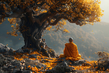 Peaceful moment of meditation under a Bodhi tree on Buddha Purnima