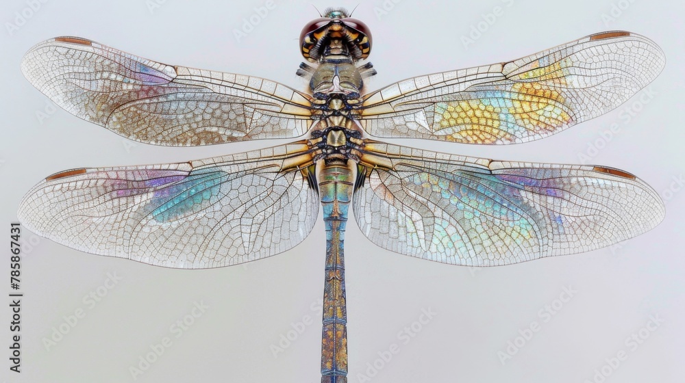 Poster the segmented body of a dragonfly with each individual segment clearly visible and the iridescent hu