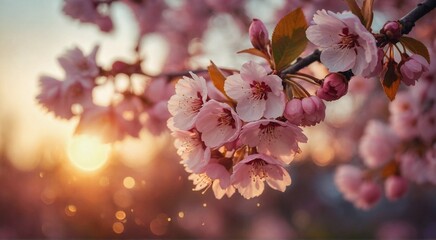 beautiful cherry blossoms in the sunset spring seasonal bokeh background for text overlays