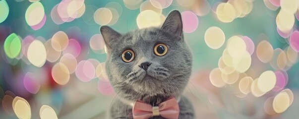an adorable gray cat with a bow tie with large astonished eyes and a green bokeh background - obrazy, fototapety, plakaty