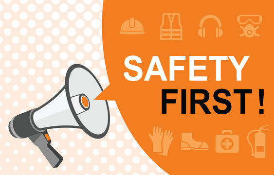 Occupational Work Safety and Health First Promotion with personal protective equipment. Megaphone Loudspeaker with Speech bubble banner. 
Slogan Label for business marketing and advertising