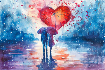 A couple walking in the rain holding a red umbrella