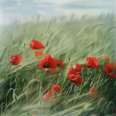 Poppies in a breezy field