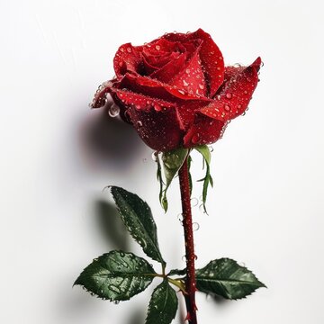 Single red rose dew-kissed
