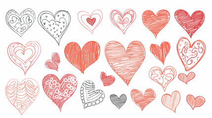 A set of hand-drawn hearts on a white background. Hand drawn hearts. Heart doodles set. Collection of hand drawn hearts