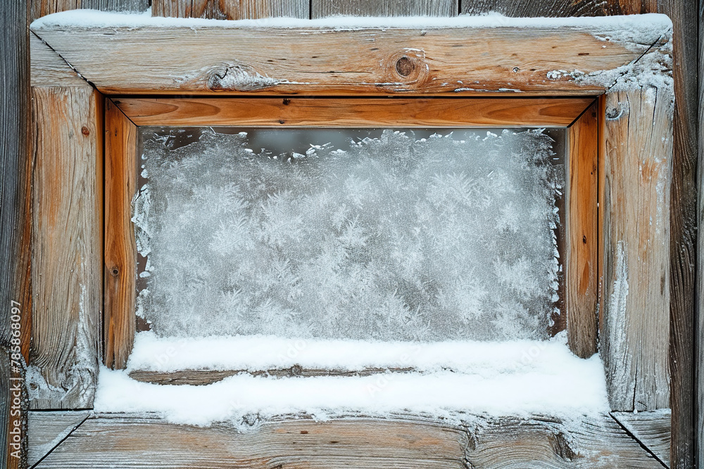 Poster the image is of a frosty window with a spider web of ice crystals covering it