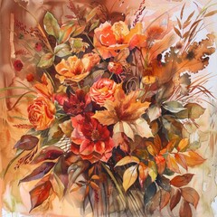 A watercolor bouquet of autumn leaves and flowers capturing the essence of fall with oranges