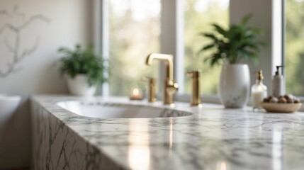 White bathroom marble countertop on blurred window background luxury spa decoration interior contemporary display