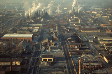 Naklejka premium A high-angle view of a city's industrial district. Smokestacks, warehouses, and factories stretch out towards the horizon.