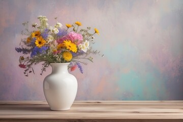 Bouquet of wild flowers in a  white vase on wood table at the left, against painted wall. Copy space on the right.