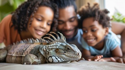 Family with Pet Lizard: Everyday Life with Exotic Pets in Suburban Home