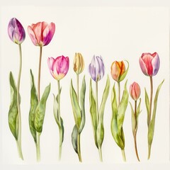 A series of watercolor tulips in various stages of opening from bud to full bloom
