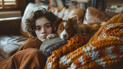 Young Person with Emotional Support Animal in Cozy Stylish Apartment - obrazy, fototapety, plakaty