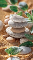 Olive branch and zen stones on sandy background. A serene and peaceful image capturing an olive branch beside smooth stones on a textured sandy surface, symbolizing tranquility and nature simplicity