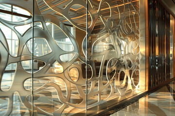 A luxurious business office with an abstract window design, the glass panels arranged in a unique...