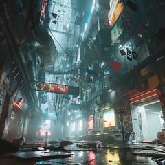 A dark and rainy street in a cyberpunk city. The street is lined with tall buildings and neon lights. The ground is wet and there is a car.