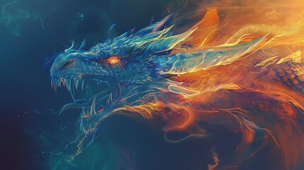 A digital painting of a blue and orange dragon with its mouth open and smoke coming out of its nostrils. - obrazy, fototapety, plakaty