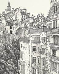 A detailed pen drawing of the buildings on a street in an old European city.