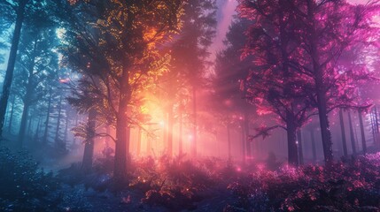 Mystical Forest with Colorful Trees and Soft Glows - obrazy, fototapety, plakaty