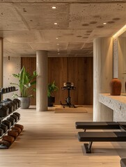 Modern Gym Interior with Wooden Elements and Fitness Equipment