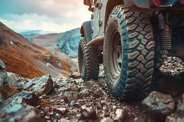 A rugged off-road vehicle navigating a rocky trail.